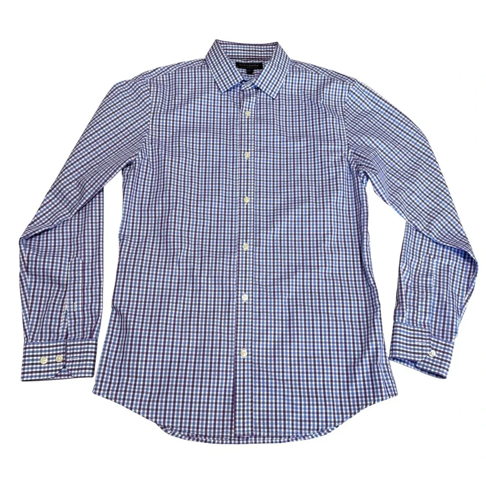 Banana Republic Mens Tailored Slim Fit NonIron Gingham Dress Shirt Blue Purple M